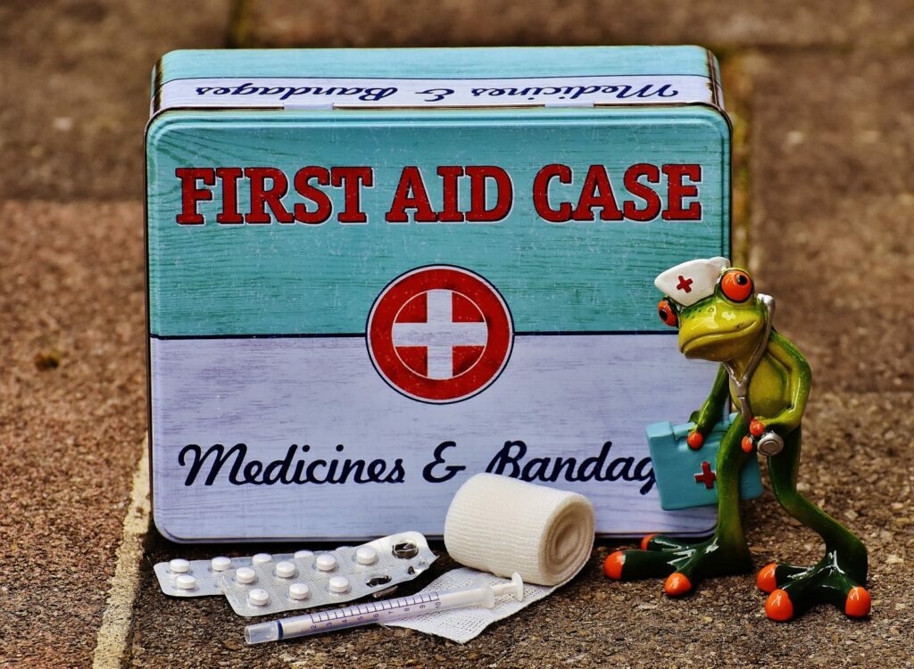 Erste-Hilfe-Kasten, englisch beschriftet: First Aid Case, Medicines & Bandages
